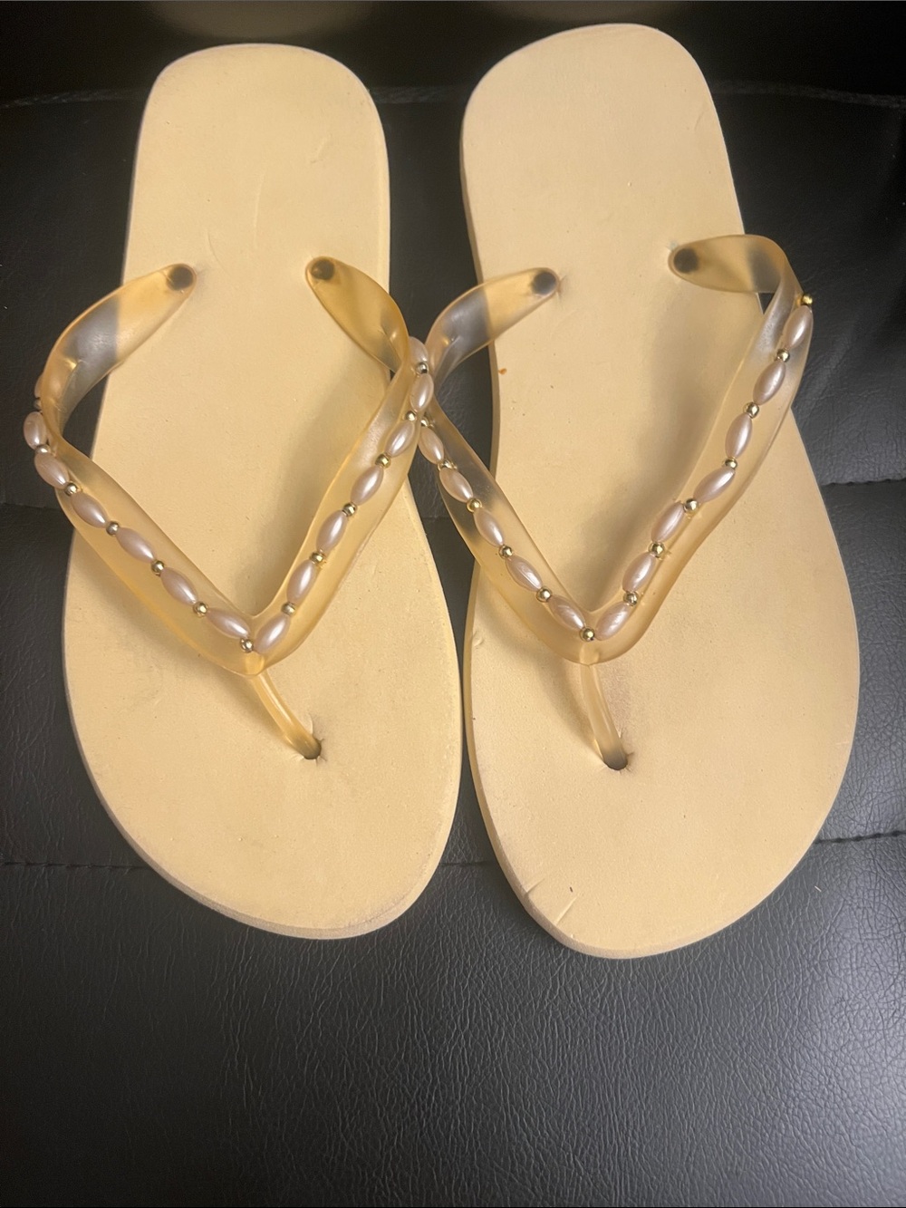 Women's Yellow Pearl-Embellished Jelly Flip Flops